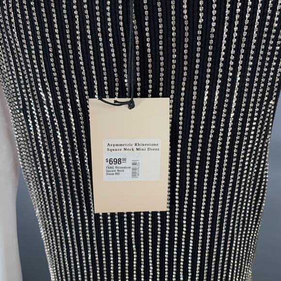 M Asymmetrical Rhinestone Black Silver Cotton Blend Sleeveless Cocktail Dress - Picture 5 of 8